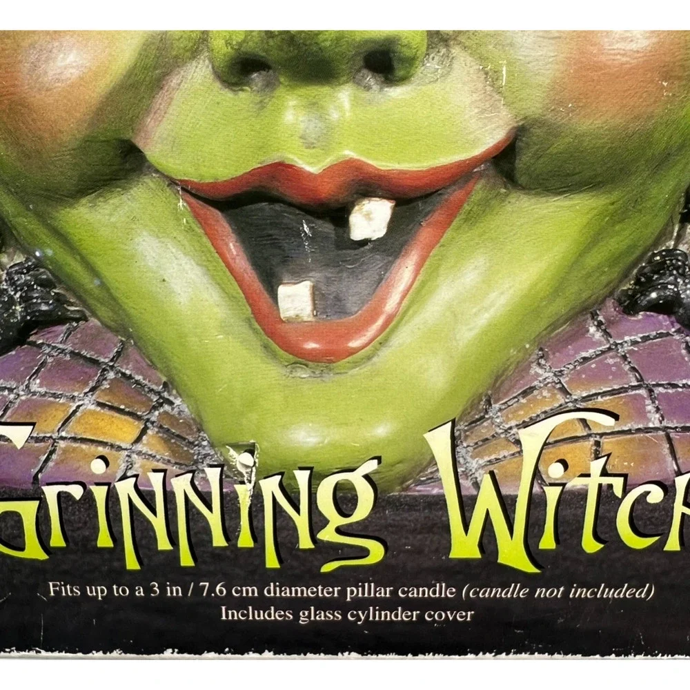Vintage Halloween Grinning Witch Candle Holder Glass Cylinder Costco New In Box